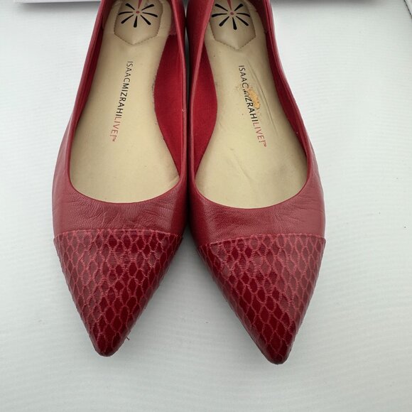 ISAAC MIZRAHI LIVE IM Gayle Dark Red Leather Flats Size 7M Pointed Toe Gold Heel - Picture 5 of 7
